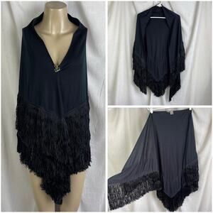 VTG 70’s California Things Black Triangle Shawl Wrap Thick Double Layer Fringe